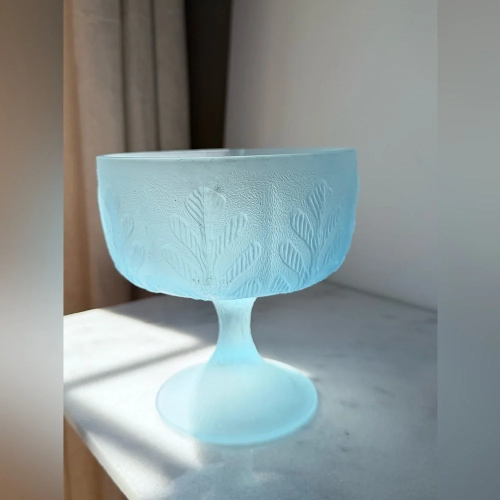 Blue Frosted Glass Compote with Leaf Relief